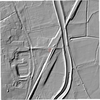 Shaded relief map of the ground around L401TB, computed from Environment Agency LiDAR. The ground here sits at about 6 m above sea level and falls 12 m across the surrounding 800 m. Surface water reaching this point runs off ground lying to the south-east, 5.4 m higher.