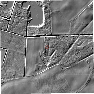 Shaded relief map of the ground around L401TE, computed from Environment Agency LiDAR. The ground here sits at about 5 m above sea level and falls 5 m across the surrounding 800 m. Surface water reaching this point runs off ground lying to the east-north-east, 1.1 m higher.
