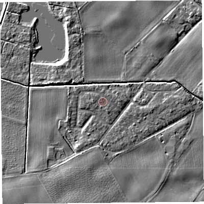 Shaded relief map of the ground around L401TF, computed from Environment Agency LiDAR. The ground here sits at about 6 m above sea level and falls 8 m across the surrounding 800 m. Surface water reaching this point runs off ground lying to the west, 0.7 m higher.