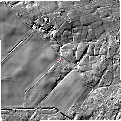 Shaded relief map of the ground around L401TG, computed from Environment Agency LiDAR. The ground here sits at about 8 m above sea level and falls 13 m across the surrounding 800 m. Surface water reaching this point runs off ground lying to the north-north-east, 8.3 m higher.