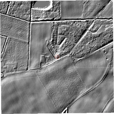 Shaded relief map of the ground around L401TJ, computed from Environment Agency LiDAR. The ground here sits at about 6 m above sea level and falls 6 m across the surrounding 800 m. Surface water reaching this point runs off ground lying to the south, 2.9 m higher.