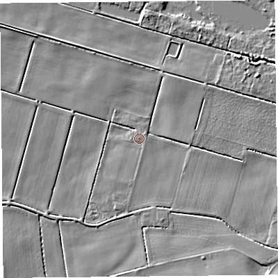 Shaded relief map of the ground around L401TL, computed from Environment Agency LiDAR. The ground here sits at about 3 m above sea level and falls 5 m across the surrounding 800 m. The ground contributing surface water to this point lies to the south-east.