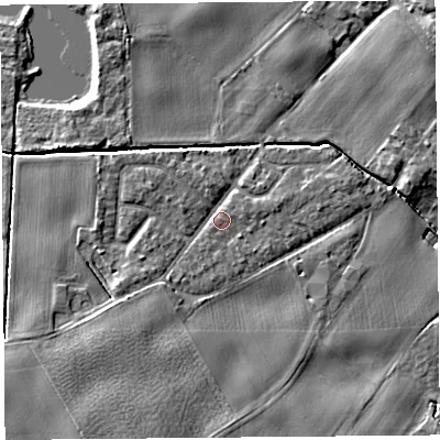 Shaded relief map of the ground around L401TN, computed from Environment Agency LiDAR. The ground here sits at about 5 m above sea level and falls 9 m across the surrounding 800 m. Surface water reaching this point runs off ground lying to the south-west, 2.3 m higher.