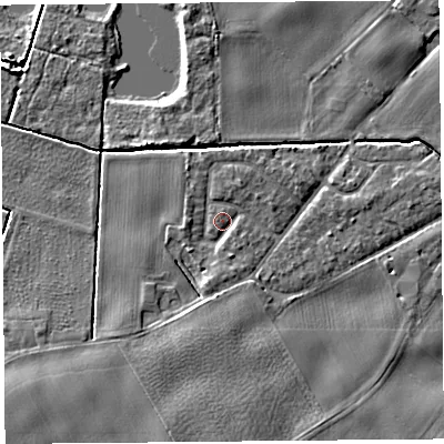 Shaded relief map of the ground around L401TR, computed from Environment Agency LiDAR. The ground here sits at about 5 m above sea level and falls 5 m across the surrounding 800 m. Surface water reaching this point runs off ground lying to the south-south-east, 1.5 m higher.