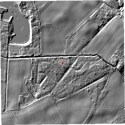 Shaded relief map of the ground around L401TS, computed from Environment Agency LiDAR. The ground here sits at about 6 m above sea level and falls 9 m across the surrounding 800 m. Surface water reaching this point runs off ground lying to the south-south-west, 1.3 m higher.