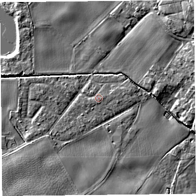 Shaded relief map of the ground around L401TT, computed from Environment Agency LiDAR. The ground here sits at about 6 m above sea level and falls 11 m across the surrounding 800 m. Surface water reaching this point runs off ground lying to the south, 0.8 m higher.