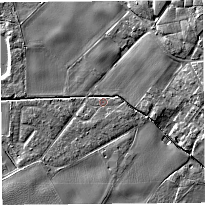 Shaded relief map of the ground around L401TU, computed from Environment Agency LiDAR. The ground here sits at about 5 m above sea level and falls 11 m across the surrounding 800 m. Surface water reaching this point runs off ground lying to the east-south-east, 1.1 m higher.