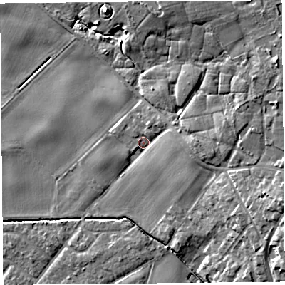 Shaded relief map of the ground around L401TW, computed from Environment Agency LiDAR. The ground here sits at about 6 m above sea level and falls 13 m across the surrounding 800 m. Surface water reaching this point runs off ground lying to the east-north-east, 7.6 m higher.