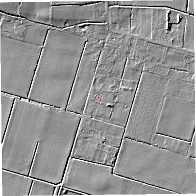Shaded relief map of the ground around L401UB, computed from Environment Agency LiDAR. The ground here sits at about 4 m above sea level and falls 9 m across the surrounding 800 m. Surface water reaching this point runs off ground lying to the east-north-east, 0.9 m higher.