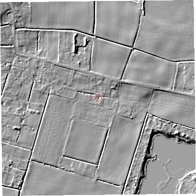 Shaded relief map of the ground around L401UE, computed from Environment Agency LiDAR. The ground here sits at about 5 m above sea level and falls 8 m across the surrounding 800 m. Surface water reaching this point runs off ground lying to the north-north-west, 4.5 m higher.