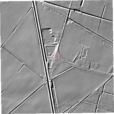 Shaded relief map of the ground around L401UG, computed from Environment Agency LiDAR. The ground here sits at about 4 m above sea level and falls 6 m across the surrounding 800 m. Surface water reaching this point runs off ground lying to the east-south-east, 2.7 m higher.