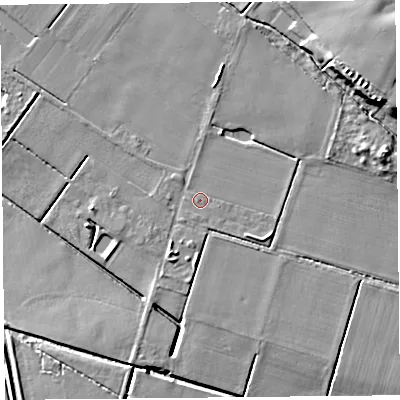 Shaded relief map of the ground around L401UJ, computed from Environment Agency LiDAR. The ground here sits at about 4 m above sea level and falls 14 m across the surrounding 800 m. Surface water reaching this point runs off ground lying to the east-north-east, 4.9 m higher.
