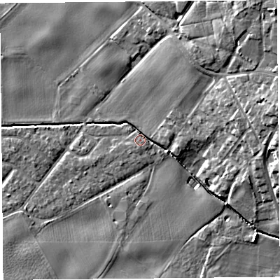 Shaded relief map of the ground around L401UP, computed from Environment Agency LiDAR. The ground here sits at about 6 m above sea level and falls 12 m across the surrounding 800 m. Surface water reaching this point runs off ground lying to the east, 3.0 m higher.