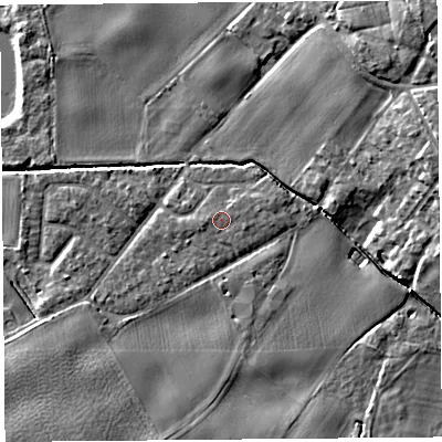 Shaded relief map of the ground around L401UR, computed from Environment Agency LiDAR. The ground here sits at about 6 m above sea level and falls 11 m across the surrounding 800 m. Surface water reaching this point runs off ground lying to the west, 0.5 m higher.