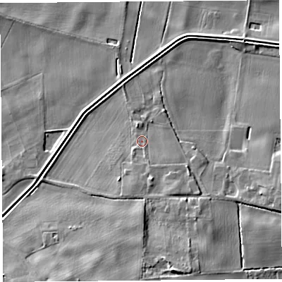 Shaded relief map of the ground around L402PA, computed from Environment Agency LiDAR. The ground here sits at about 9 m above sea level and falls 13 m across the surrounding 800 m. Surface water reaching this point runs off ground lying to the south-south-east, 2.3 m higher.