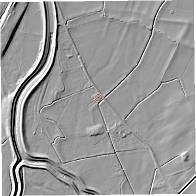Shaded relief map of the ground around L402QA, computed from Environment Agency LiDAR. The ground here sits at about 4 m above sea level and falls 6 m across the surrounding 800 m. Surface water reaching this point runs off ground lying to the south, 3.0 m higher.