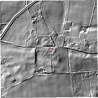 Shaded relief map of the ground around L402QD, computed from Environment Agency LiDAR. The ground here sits at about 13 m above sea level and falls 13 m across the surrounding 800 m. Surface water reaching this point runs off ground lying to the east-south-east, 2.2 m higher.