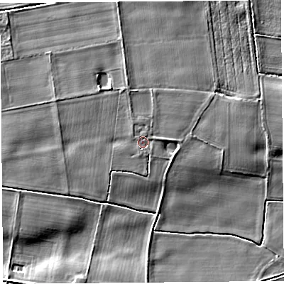 Shaded relief map of the ground around L402QH, computed from Environment Agency LiDAR. The ground here sits at about 8 m above sea level and falls 5 m across the surrounding 800 m. Surface water reaching this point runs off ground lying to the east, 1.4 m higher.