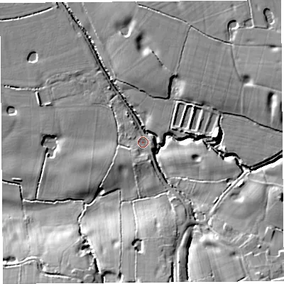 Shaded relief map of the ground around L402RD, computed from Environment Agency LiDAR. The ground here sits at about 13 m above sea level and falls 15 m across the surrounding 800 m. Surface water reaching this point runs off ground lying to the south-east, 14.3 m higher.