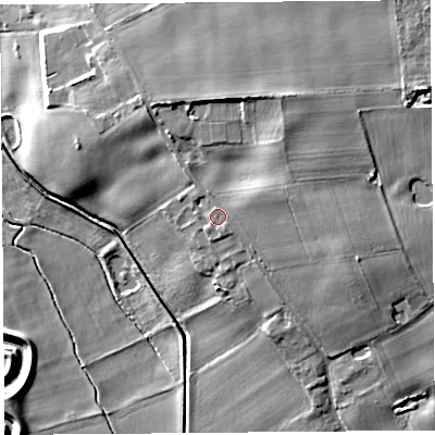 Shaded relief map of the ground around L403SA, computed from Environment Agency LiDAR. The ground here sits at about 15 m above sea level and falls 15 m across the surrounding 800 m. Surface water reaching this point runs off ground lying to the south-east, 0.7 m higher.