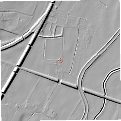 Shaded relief map of the ground around L404AJ, computed from Environment Agency LiDAR. The ground here sits at about 9 m above sea level and falls 13 m across the surrounding 800 m. Surface water reaching this point runs off ground lying to the west-south-west, 1.3 m higher.