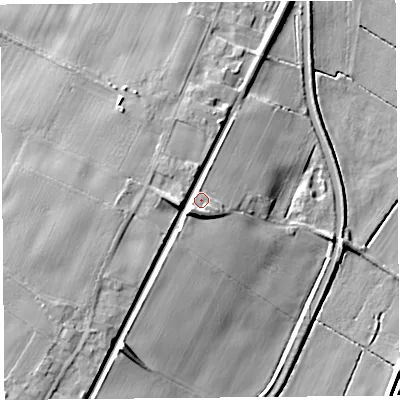 Shaded relief map of the ground around L404BB, computed from Environment Agency LiDAR. The ground here sits at about 12 m above sea level and falls 13 m across the surrounding 800 m. Surface water reaching this point runs off ground lying to the south-west, 5.5 m higher.