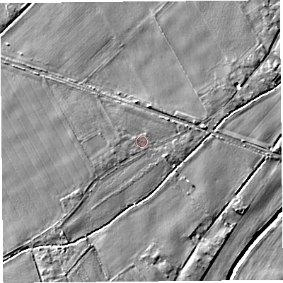 Shaded relief map of the ground around L404BG, computed from Environment Agency LiDAR. The ground here sits at about 12 m above sea level and falls 7 m across the surrounding 800 m. Surface water reaching this point runs off ground lying to the west-south-west, 0.8 m higher.