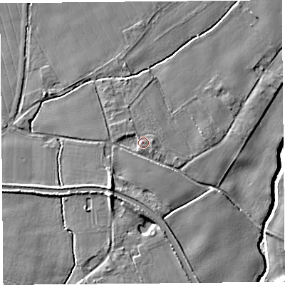 Shaded relief map of the ground around L404BH, computed from Environment Agency LiDAR. The ground here sits at about 15 m above sea level and falls 11 m across the surrounding 800 m. Surface water reaching this point runs off ground lying to the south-south-west, 1.3 m higher.