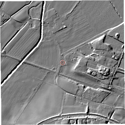 Shaded relief map of the ground around L404BL, computed from Environment Agency LiDAR. The ground here sits at about 10 m above sea level and falls 13 m across the surrounding 800 m. Surface water reaching this point runs off ground lying to the south-east, 4.0 m higher.