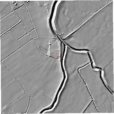 Shaded relief map of the ground around L404BN, computed from Environment Agency LiDAR. The ground here sits at about 8 m above sea level and falls 6 m across the surrounding 800 m. Surface water reaching this point runs off ground lying to the east, 2.1 m higher.
