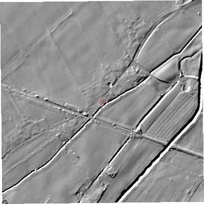 Shaded relief map of the ground around L404BQ, computed from Environment Agency LiDAR. The ground here sits at about 11 m above sea level and falls 7 m across the surrounding 800 m. Surface water reaching this point runs off ground lying to the south-south-west, 3.2 m higher.