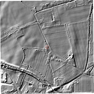 Shaded relief map of the ground around L404BT, computed from Environment Agency LiDAR. The ground here sits at about 14 m above sea level and falls 9 m across the surrounding 800 m. Surface water reaching this point runs off ground lying to the south, 6.7 m higher.