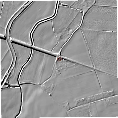 Shaded relief map of the ground around L404BU, computed from Environment Agency LiDAR. The ground here sits at about 11 m above sea level and falls 8 m across the surrounding 800 m. Surface water reaching this point runs off ground lying to the south-south-west, 3.3 m higher.