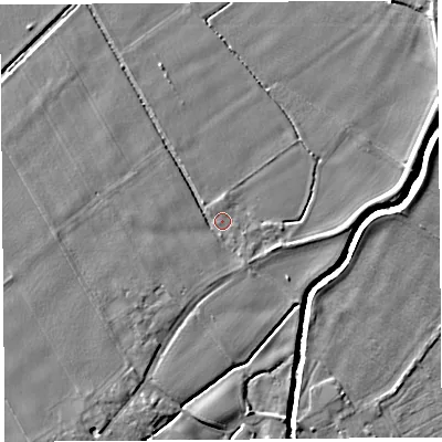 Shaded relief map of the ground around L404BW, computed from Environment Agency LiDAR. The ground here sits at about 8 m above sea level and falls 6 m across the surrounding 800 m. Surface water reaching this point runs off ground lying to the south-west, 2.4 m higher.