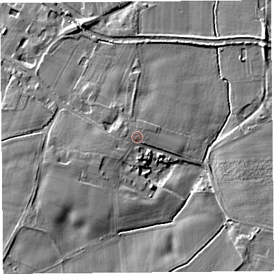 Shaded relief map of the ground around L405UL, computed from Environment Agency LiDAR. The ground here sits at about 20 m above sea level and falls 11 m across the surrounding 800 m. Surface water reaching this point runs off ground lying to the west-south-west, 3.3 m higher.