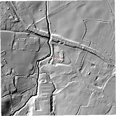 Shaded relief map of the ground around L405XD, computed from Environment Agency LiDAR. The ground here sits at about 13 m above sea level and falls 13 m across the surrounding 800 m. Surface water reaching this point runs off ground lying to the south-south-east, 10.1 m higher.