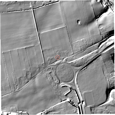Shaded relief map of the ground around L406JH, computed from Environment Agency LiDAR. The ground here sits at about 46 m above sea level and falls 36 m across the surrounding 800 m. Surface water reaching this point runs off ground lying to the west-south-west, 2.4 m higher.