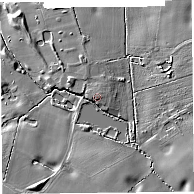 Shaded relief map of the ground around L408HB, computed from Environment Agency LiDAR. The ground here sits at about 27 m above sea level and falls 13 m across the surrounding 800 m. The ground contributing surface water to this point lies to the west-south-west.