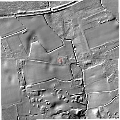 Shaded relief map of the ground around L408HH, computed from Environment Agency LiDAR. The ground here sits at about 18 m above sea level and falls 18 m across the surrounding 800 m. Surface water reaching this point runs off ground lying to the south-west, 1.5 m higher.