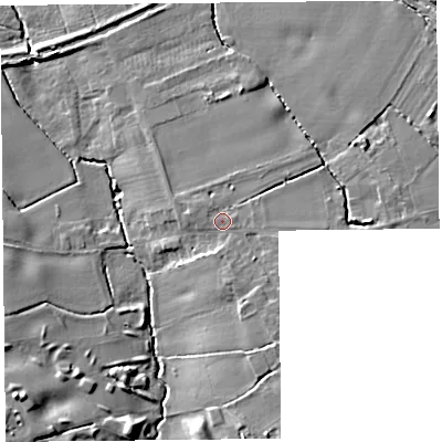 Shaded relief map of the ground around L408HJ, computed from Environment Agency LiDAR. The ground here sits at about 19 m above sea level and falls 14 m across the surrounding 800 m. Surface water reaching this point runs off ground lying to the south-south-east, 2.7 m higher.
