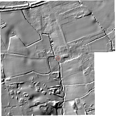 Shaded relief map of the ground around L408HW, computed from Environment Agency LiDAR. The ground here sits at about 17 m above sea level and falls 16 m across the surrounding 800 m. Surface water reaching this point runs off ground lying to the south-west, 13.1 m higher.