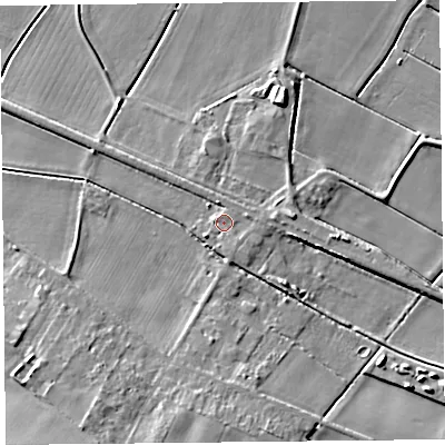 Shaded relief map of the ground around L409AA, computed from Environment Agency LiDAR. The ground here sits at about 3 m above sea level and falls 11 m across the surrounding 800 m. Surface water reaching this point runs off ground lying to the east-north-east, 1.4 m higher.