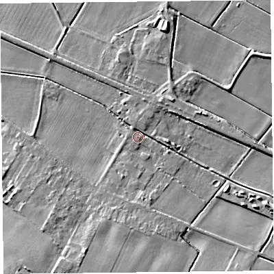 Shaded relief map of the ground around L409QN, computed from Environment Agency LiDAR. The ground here sits at about 4 m above sea level and falls 12 m across the surrounding 800 m. Surface water reaching this point runs off ground lying to the south-south-west, 7.0 m higher.