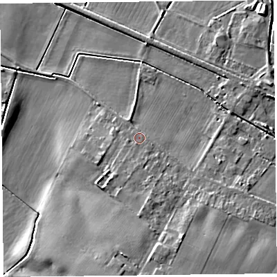 Shaded relief map of the ground around L409RJ, computed from Environment Agency LiDAR. The ground here sits at about 6 m above sea level and falls 11 m across the surrounding 800 m. Surface water reaching this point runs off ground lying to the south-south-east, 4.8 m higher.