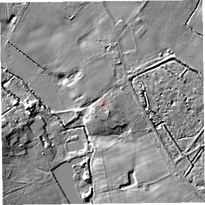 Shaded relief map of the ground around L409RZ, computed from Environment Agency LiDAR. The ground here sits at about 17 m above sea level and falls 11 m across the surrounding 800 m. Surface water reaching this point runs off ground lying to the east-north-east, 2.4 m higher.