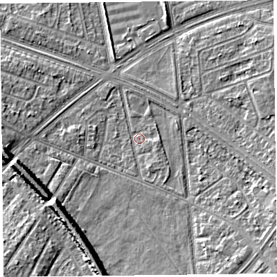Shaded relief map of the ground around L48RX, computed from Environment Agency LiDAR. The ground here sits at about 29 m above sea level and falls 11 m across the surrounding 800 m. Surface water reaching this point runs off ground lying to the south-south-east, 1.6 m higher.