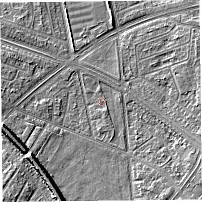 Shaded relief map of the ground around L48RZ, computed from Environment Agency LiDAR. The ground here sits at about 30 m above sea level and falls 10 m across the surrounding 800 m. Surface water reaching this point runs off ground lying to the south-east, 4.4 m higher.