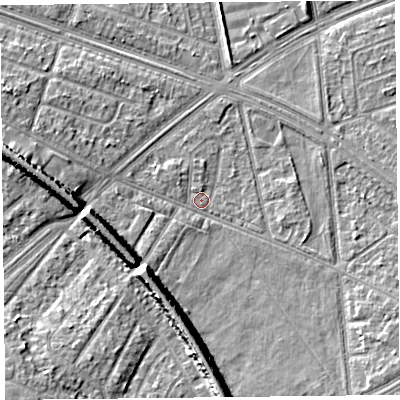 Shaded relief map of the ground around L48SB, computed from Environment Agency LiDAR. The ground here sits at about 30 m above sea level and falls 10 m across the surrounding 800 m. Surface water reaching this point runs off ground lying to the south, 9.8 m higher.