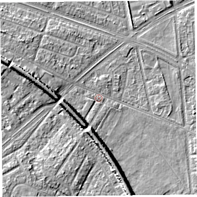 Shaded relief map of the ground around L48SG, computed from Environment Agency LiDAR. The ground here sits at about 30 m above sea level and falls 10 m across the surrounding 800 m. Surface water reaching this point runs off ground lying to the south-south-west, 8.2 m higher.