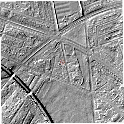 Shaded relief map of the ground around L48SP, computed from Environment Agency LiDAR. The ground here sits at about 29 m above sea level and falls 11 m across the surrounding 800 m. Surface water reaching this point runs off ground lying to the south, 9.6 m higher.
